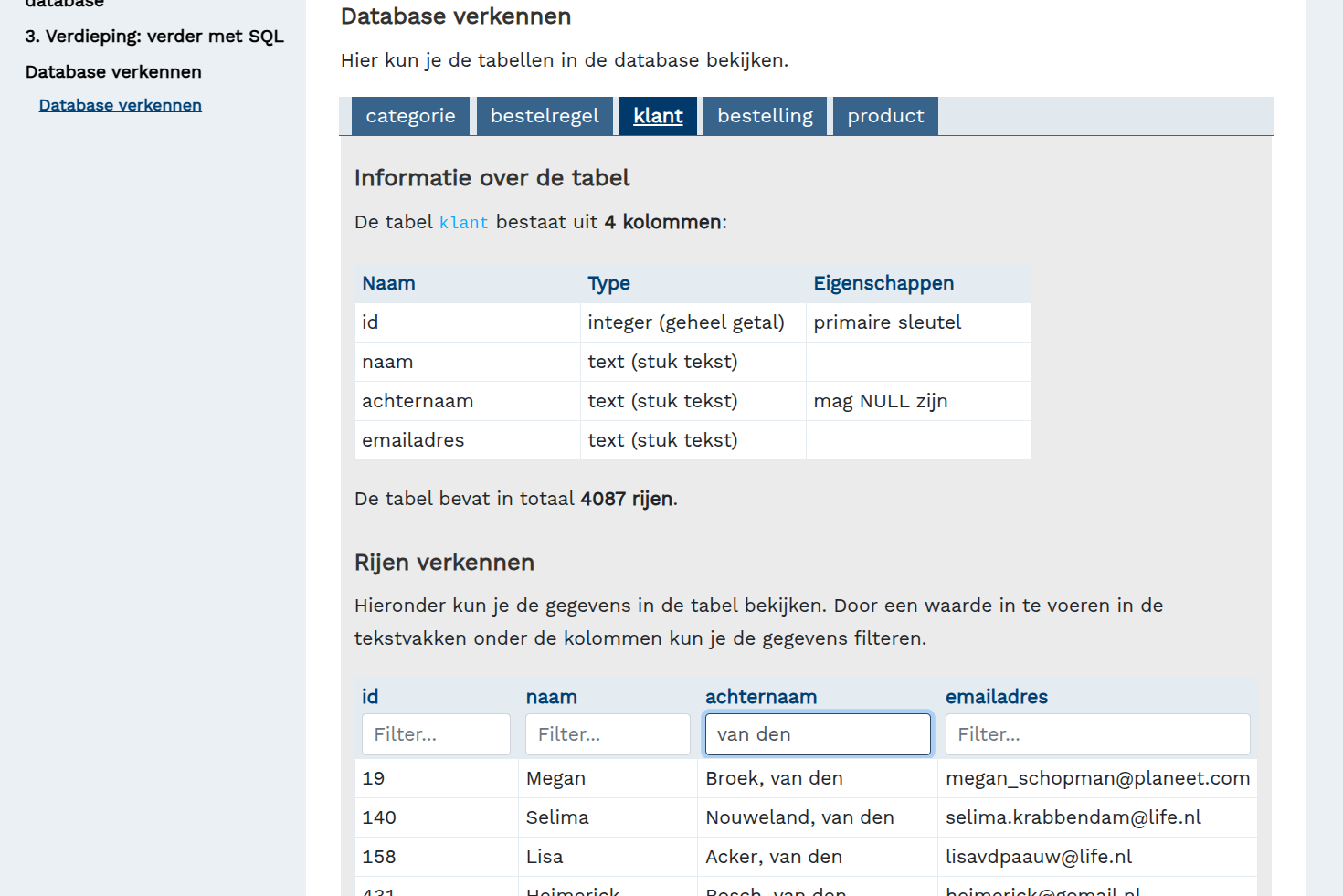 Screenshot van het verkennen en filteren van een tabel in de database