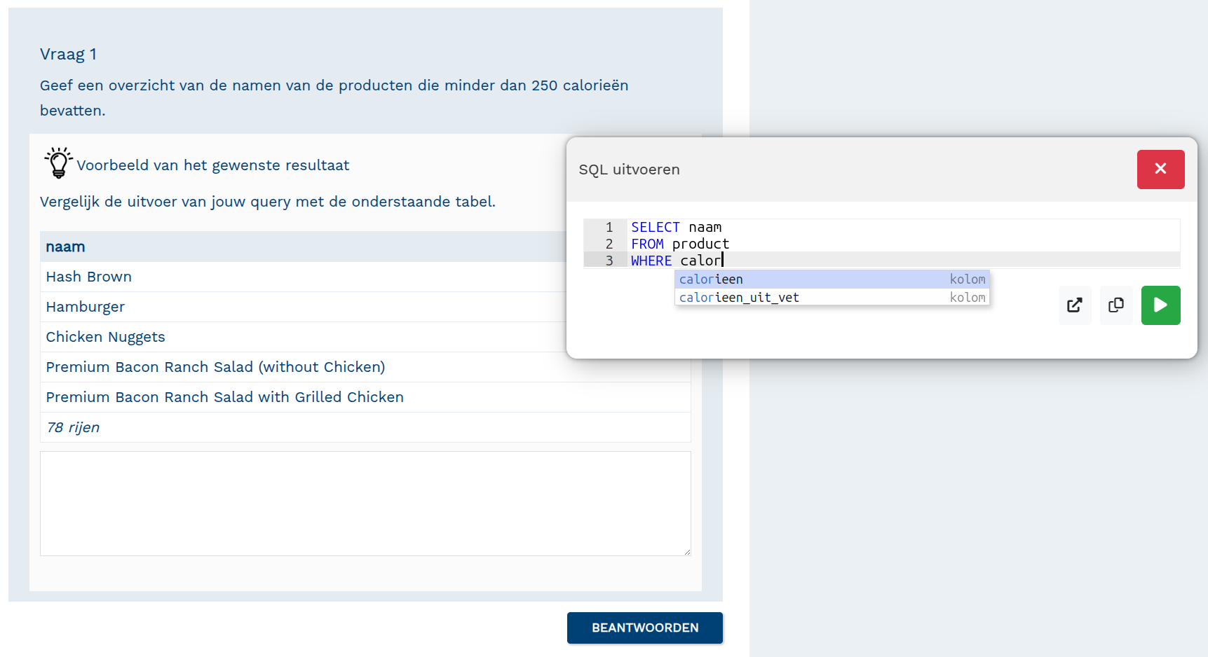 Screenshot: een leerling beantwoordt een vraag in de lesmethode met de SQLite-tool