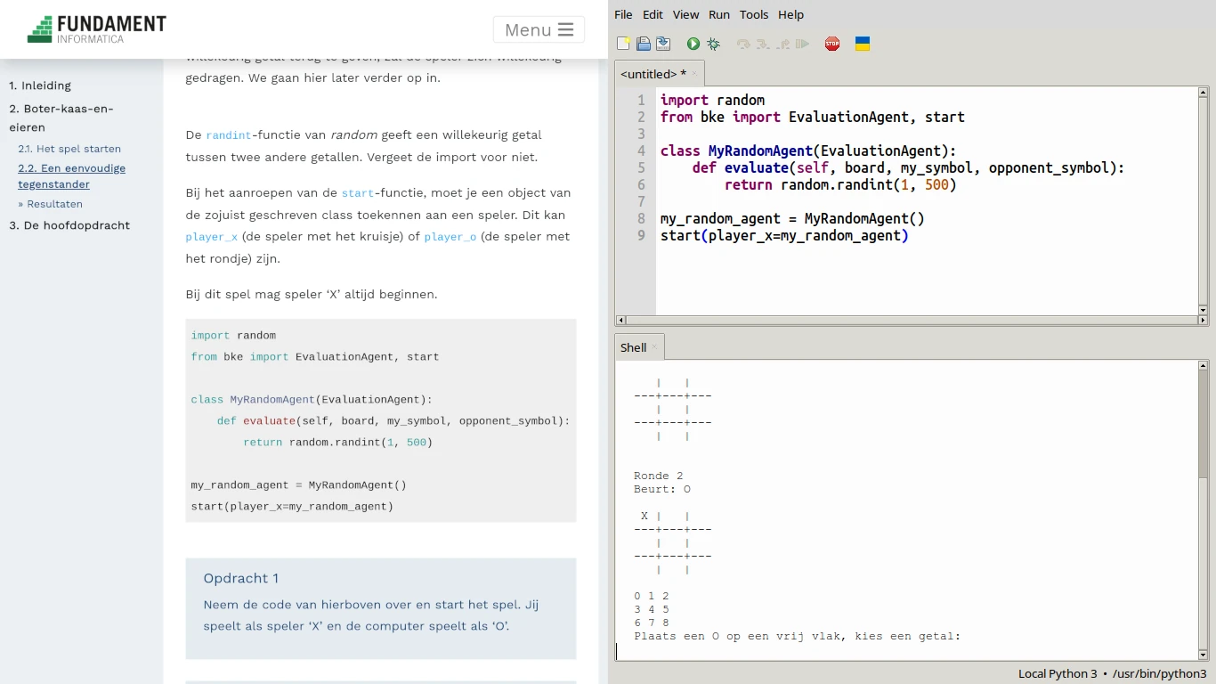 Screenshot van split-screen omgeving, met aan de ene kant Fundament Informatica en aan de andere kant de Thonny-editor