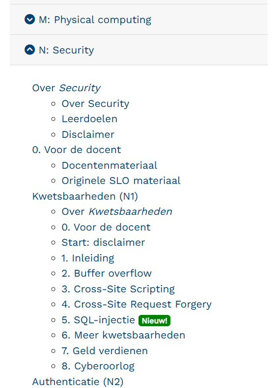 Locatie van het SQLI-materiaal in het lesmateriaal