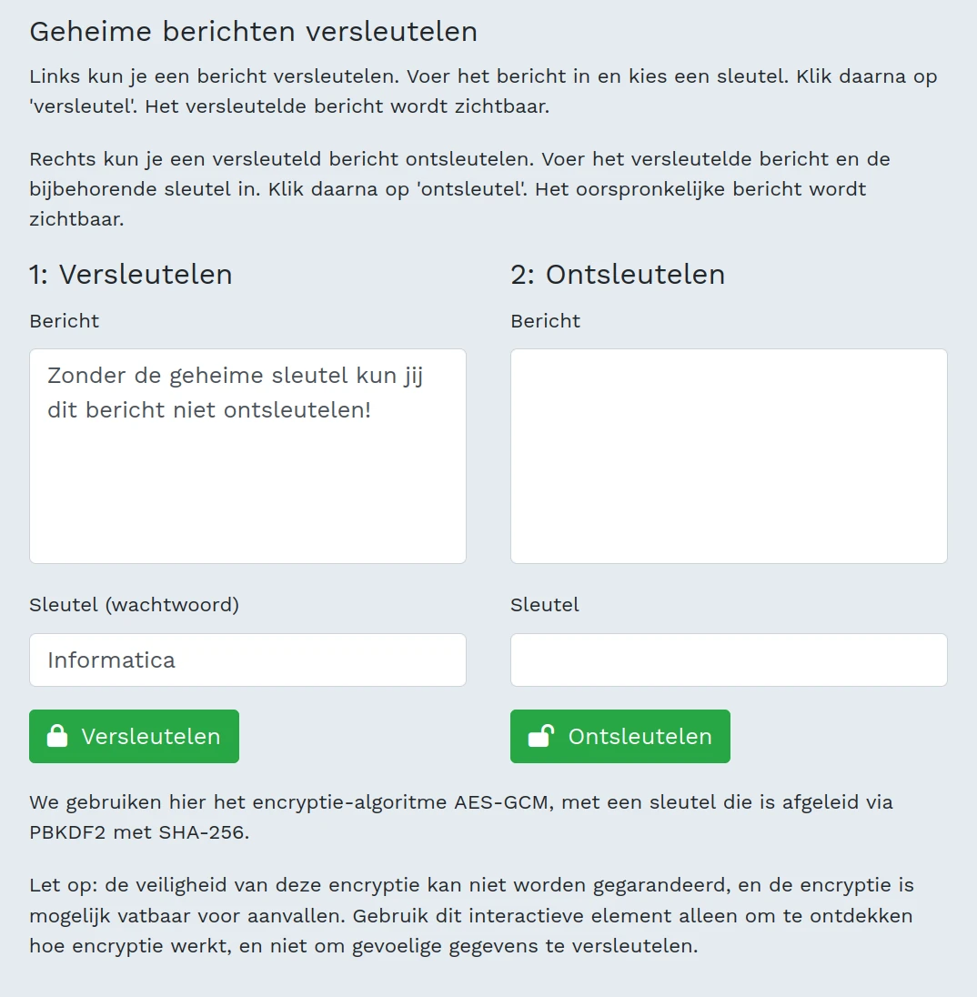 Screenshot interactief element: de sleutel voor versleuteling wordt ingevoerd.