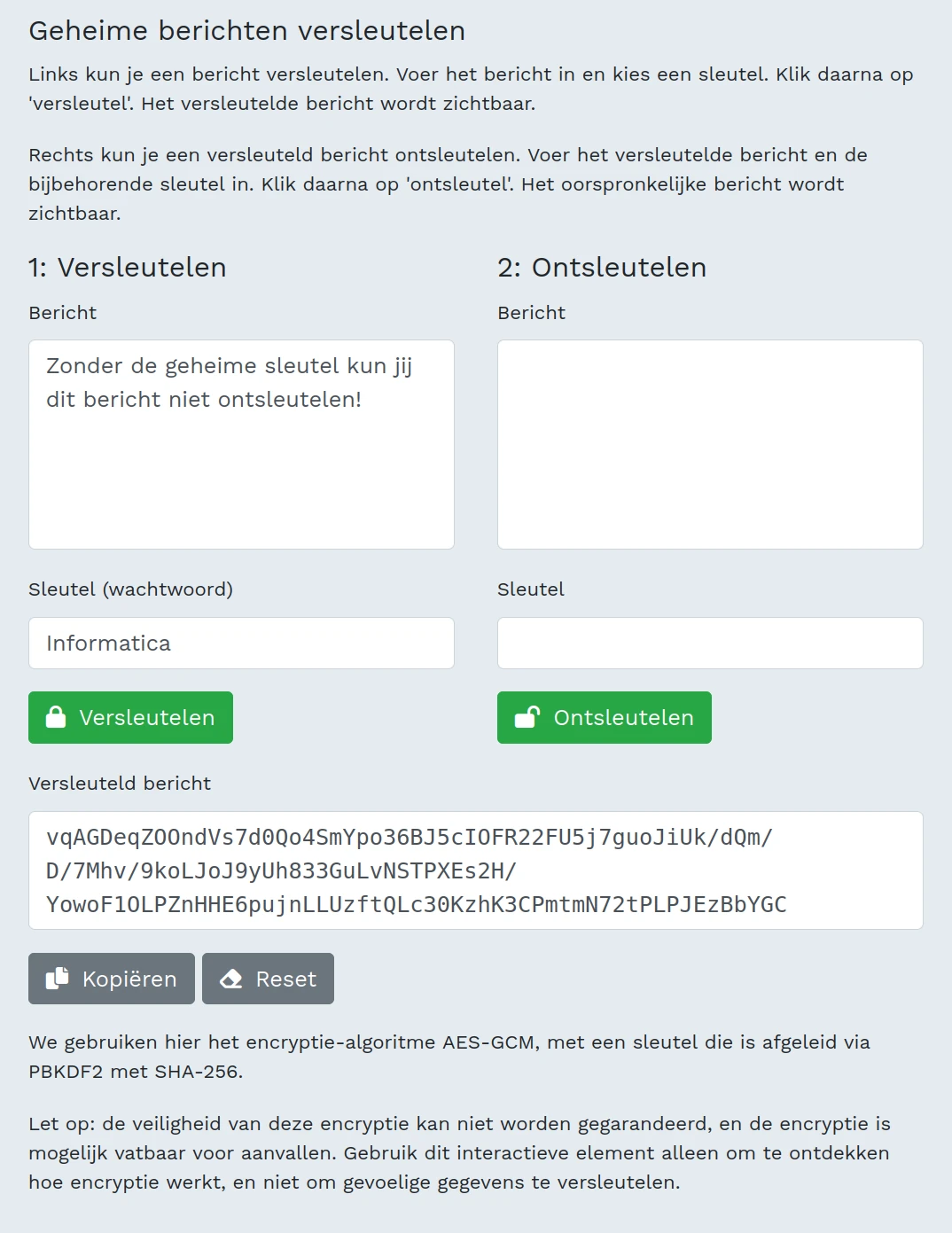 Screenshot interactief element: het versleutelde bericht wordt zichtbaar.