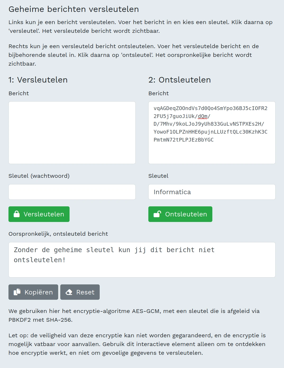 Screenshot interactief element: het ontsleutelde bericht wordt zichtbaar.