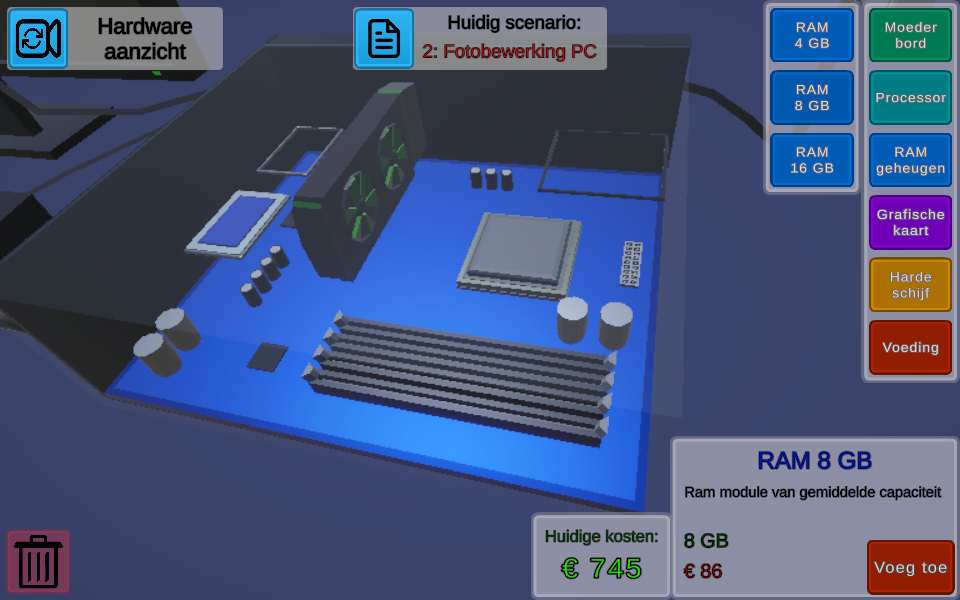 Screenshot van de educatieve game. De speler staat op het punt om RAM-geheugen aan de computer toe te voegen.