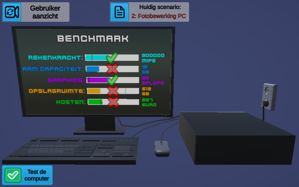 Screenshot van de educatieve game. De speler heeft een benchmark van de computer laten uitvoeren.